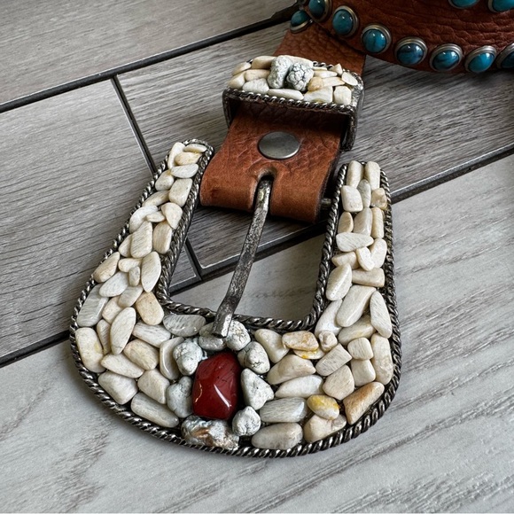 LeatherRock Vintage Tan Leather Belt W/Blue Studs And Multicolored Rock |Size:36 - Picture 2 of 11